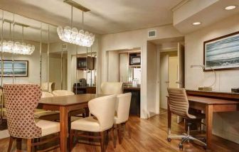 Desk, table and chairs in a presidential suite dining area at the Embassy Suites by Hilton San Diego-La Jolla.