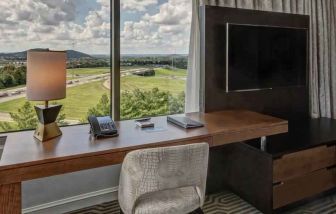 Working station with view in a hotel room at the Hilton Franklin Cool Springs.