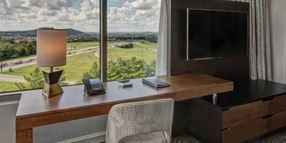 Working station with view in a hotel room at the Hilton Franklin Cool Springs.