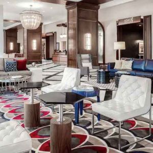 Workspace in a elegant hotel lobby at the Hilton Garden Inn Chicago McCormick Place.