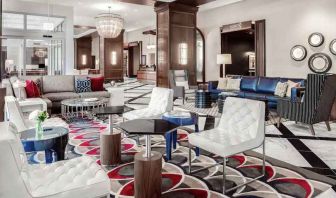 Workspace in a elegant hotel lobby at the Hilton Garden Inn Chicago McCormick Place.