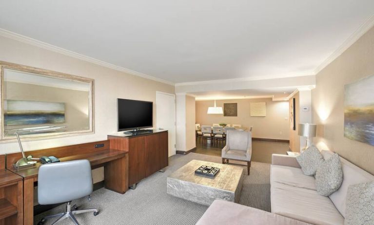 Elegant and spacious presidential suite with working station at the Hilton Crystal City at Washington Reagan National Airport.