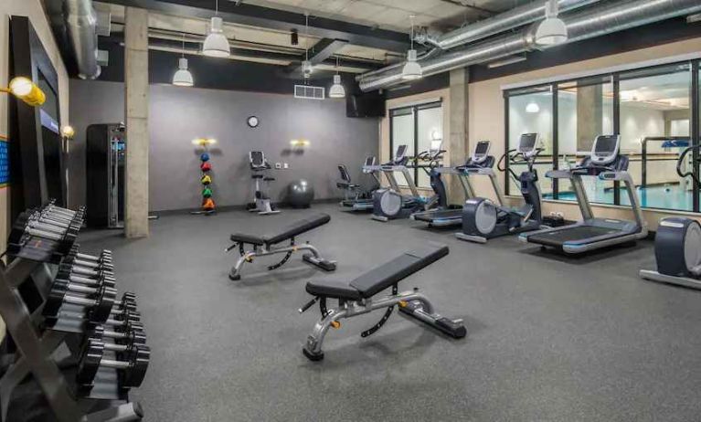 Fully equipped fitness center at the Hampton Inn & Suites by Hilton Portland-Pearl District.