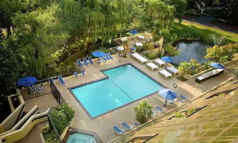 Beautiful outdoor pool area with garden at the Hilton Bellevue.