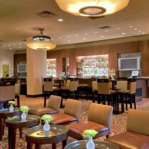 Workspace in a dining area at the Hilton Bellevue.