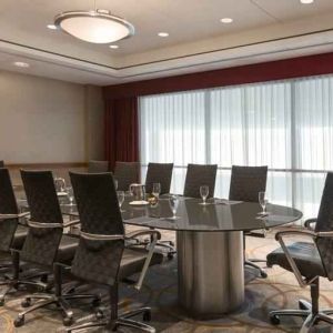 Meeting room with round table at the Hilton Baltimore BWI Airport.