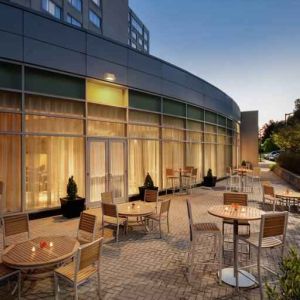 Beautiful outdoor patio perfect as workspace at the Hilton Baltimore BWI Airport.