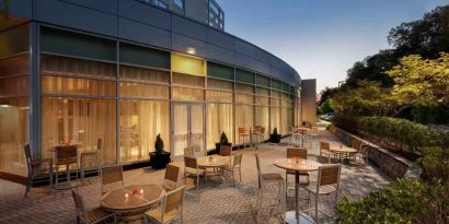 Beautiful outdoor patio perfect as workspace at the Hilton Baltimore BWI Airport.