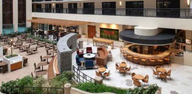 Spacious and comfortable hotel area perfect as workspace at the Embassy Suites by Hilton San Francisco Airport.