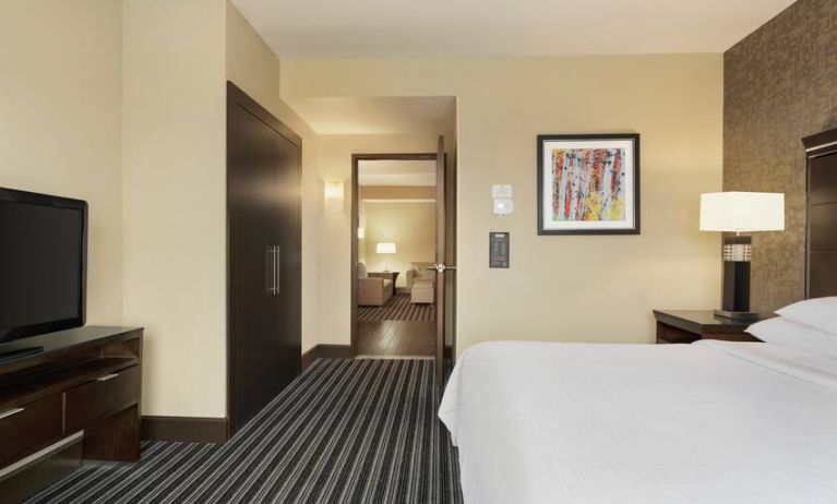 King size bed and TV screen in a king bedroom at the Embassy Suites by Hilton Salt Lake City West Valley.