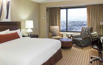 King size bed, TV screen, sofa and desk in a hotel room with window at the Hilton Omaha.