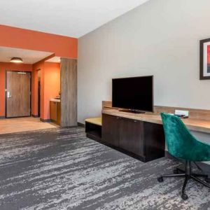 Comfortable working station with desk in a hotel room at the Hilton Garden Inn Hays.