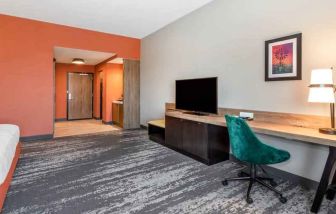 Comfortable working station with desk in a hotel room at the Hilton Garden Inn Hays.