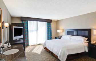 King bedroom with TV screen and window at the Embassy Suites by Hilton Miami - International Airport.