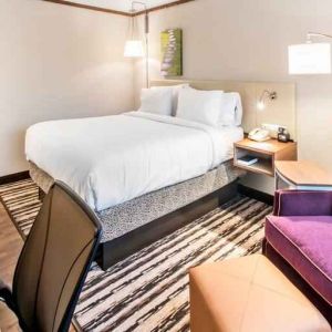 Desk, sofa and king size bed in a king bedroom at the Hilton Garden Inn Minneapolis Airport Mall of America.