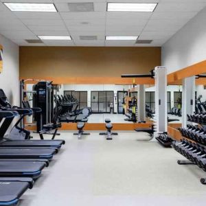 Fitness center with treadmills and weights at the DoubleTree by Hilton Kansas City - Overland Park.