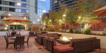 Outdoor patio perfect as workspace at the Hilton Salt Lake City Center.