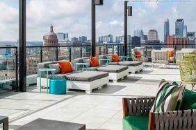 beautiful rooftop-coworking space with city views at Hilton Garden Inn Austin University.