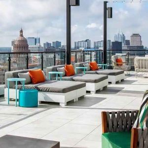 beautiful rooftop-coworking space with city views at Hilton Garden Inn Austin University.