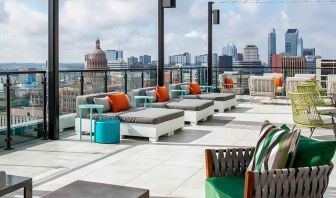 beautiful rooftop-coworking space with city views at Hilton Garden Inn Austin University.