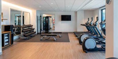 Well-equipped fitness center at at Hilton Garden Inn Austin University.