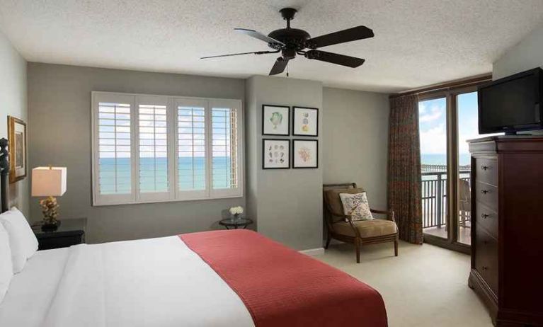 king room with fan, TV, and sea views at Kingston Plantation Condos.