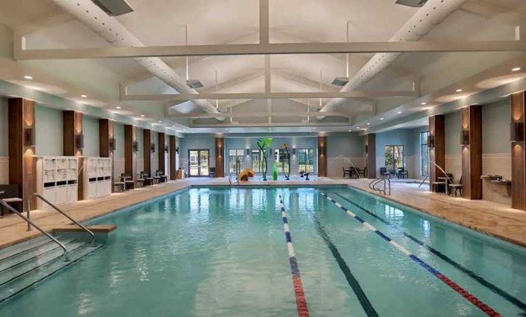 large indoor pool ideal for athletic swimming at Embassy Suites by Hilton Myrtle Beach Oceanfront Resort.