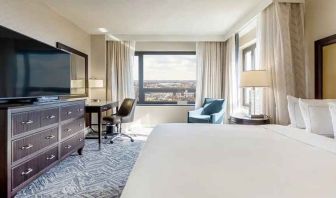 beautiful king room with work desk, TV, and natural light at Washington Hilton.