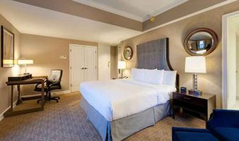 Spacious king room with work desk perfect for remote work at Hilton Milwaukee City Center.