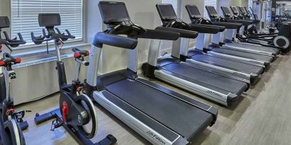 Well-equipped fitness center at Hilton Milwaukee City Center.