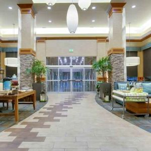 Spacious hotel lobby suitable as workspace at the Hilton Garden Inn Fort Worth Medical Center.