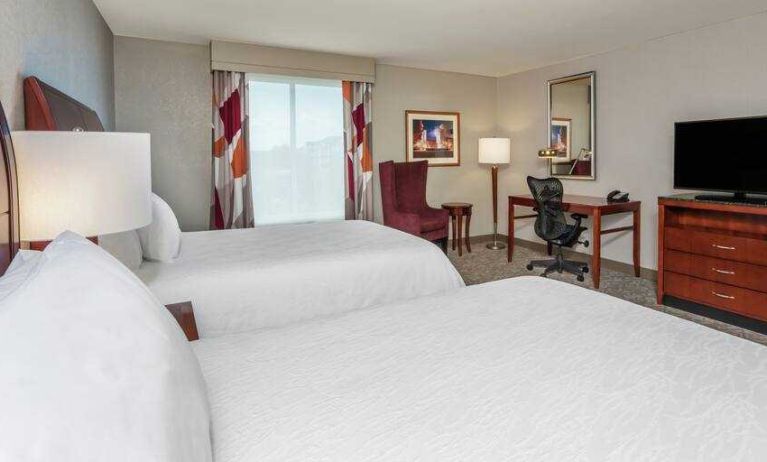 Double queen room with working station at the Hilton Garden Inn Blacksburg University.