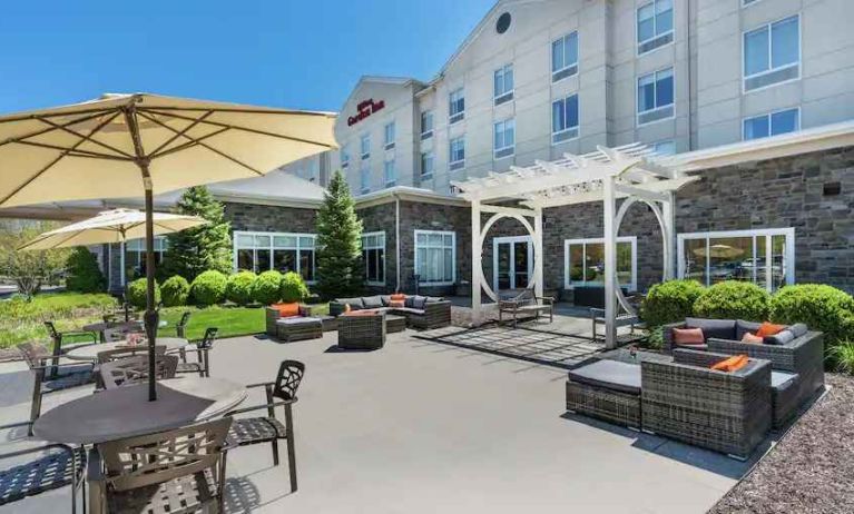 Beautiful outdoor workspace with garden at the Hilton Garden Inn Blacksburg University.