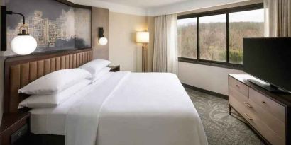 Bright king bedroom with window and TV screen at the Embassy Suites by Hilton Tysons Corner.