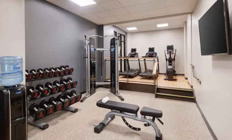 Weights and treadmills at the fitness center of the Embassy Suites by Hilton Tysons Corner.