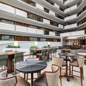 Workspace in a hotel lobby at the Embassy Suites by Hilton Tysons Corner.