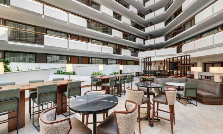 Workspace in a hotel lobby at the Embassy Suites by Hilton Tysons Corner.