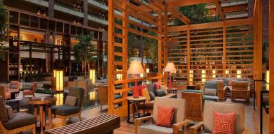 comfortable lobby lounge area ideal for coworking at Hilton Anatole.