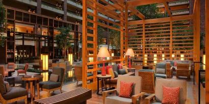 comfortable lobby lounge area ideal for coworking at Hilton Anatole.