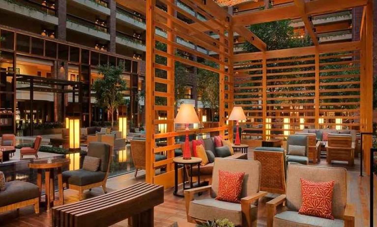 comfortable lobby lounge area ideal for coworking at Hilton Anatole.