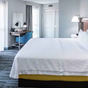 Bright king bedroom with big window at the Hampton Inn & Suites Memphis-Beale Street.