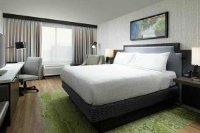 King bedroom with TV screen, desk and window at the Hilton Garden Inn Memphis Downtown.