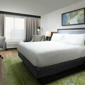 King bedroom with TV screen, desk and window at the Hilton Garden Inn Memphis Downtown.