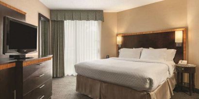 King bedroom with TV screen and window at the Embassy Suites by Hilton Birmingham.