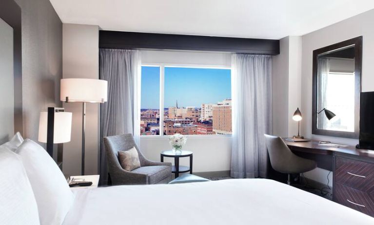 Working station with desk by the window in a hotel room at the Hilton Baltimore Inner Harbor.