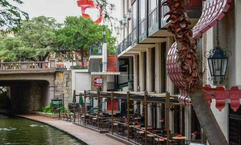 Beautiful outdoor terrace by the river at the Hilton Palacio del Rio.