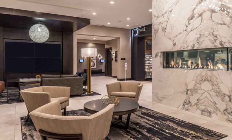 Lobby workspace by the fireplace at the DoubleTree by Hilton Lafayette East.