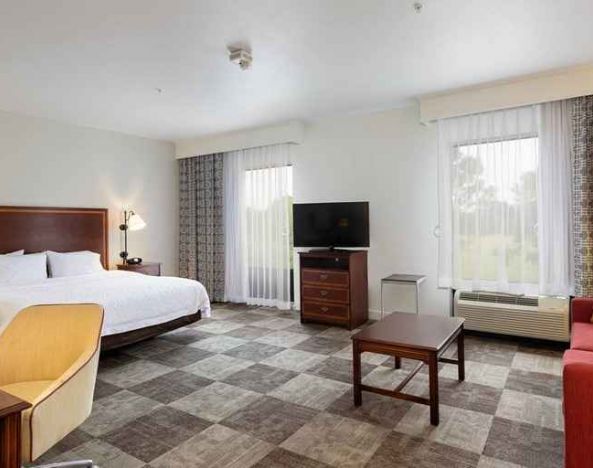 luxurious king suite with TV, work area, and lounge at Hampton Inn & Suites Baton Rouge - I-10 East.