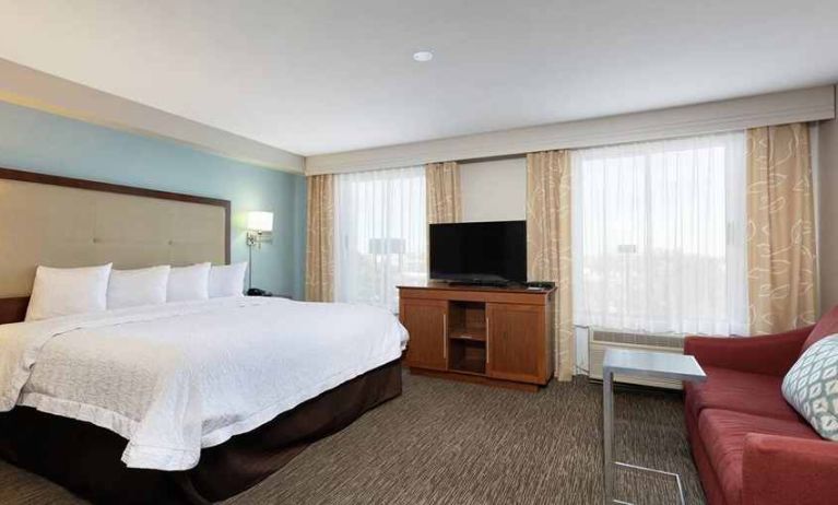 delux king room with TV and work desk at Hampton Inn & Suites Austin-Airport.