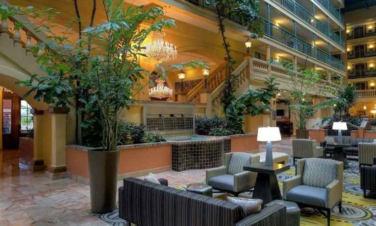 comfortable lobby lounge area ideal for coworking at Embassy Suites by Hilton Los Angeles International Airport South.